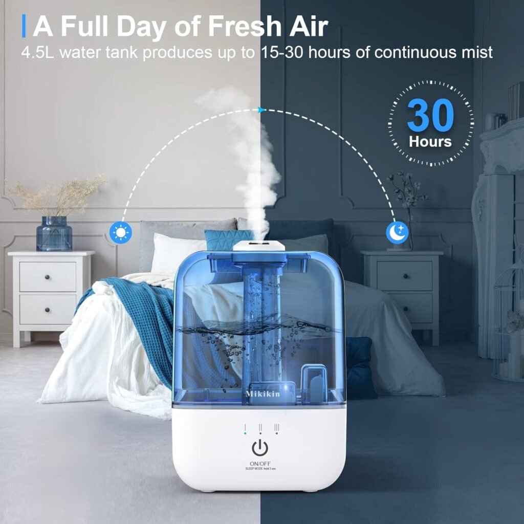 Cool Mist Humidifier, Ultrasonic Air Humidifiers for Bedroom Babies Home, 4.5L Large Top Fill Desk Humidifiers with Three Mist Modes, 360° Nozzle, Auto Shut-Off, Lasts Up to 30 Hours, Super Quiet