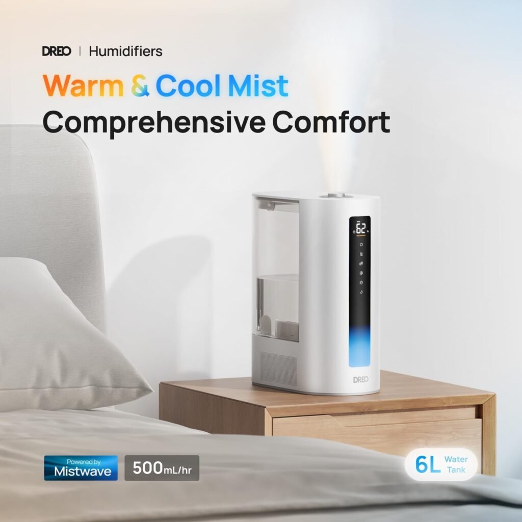 Dreo 6L Humidifiers for Bedroom and Large Room, Cool  Warm Mist Humidifier for Plants, with Precise Humidity Sensor, 60-Hour Runtime, Indicator Light, Dual Aromapad Tray, Baby-friendly, HM713