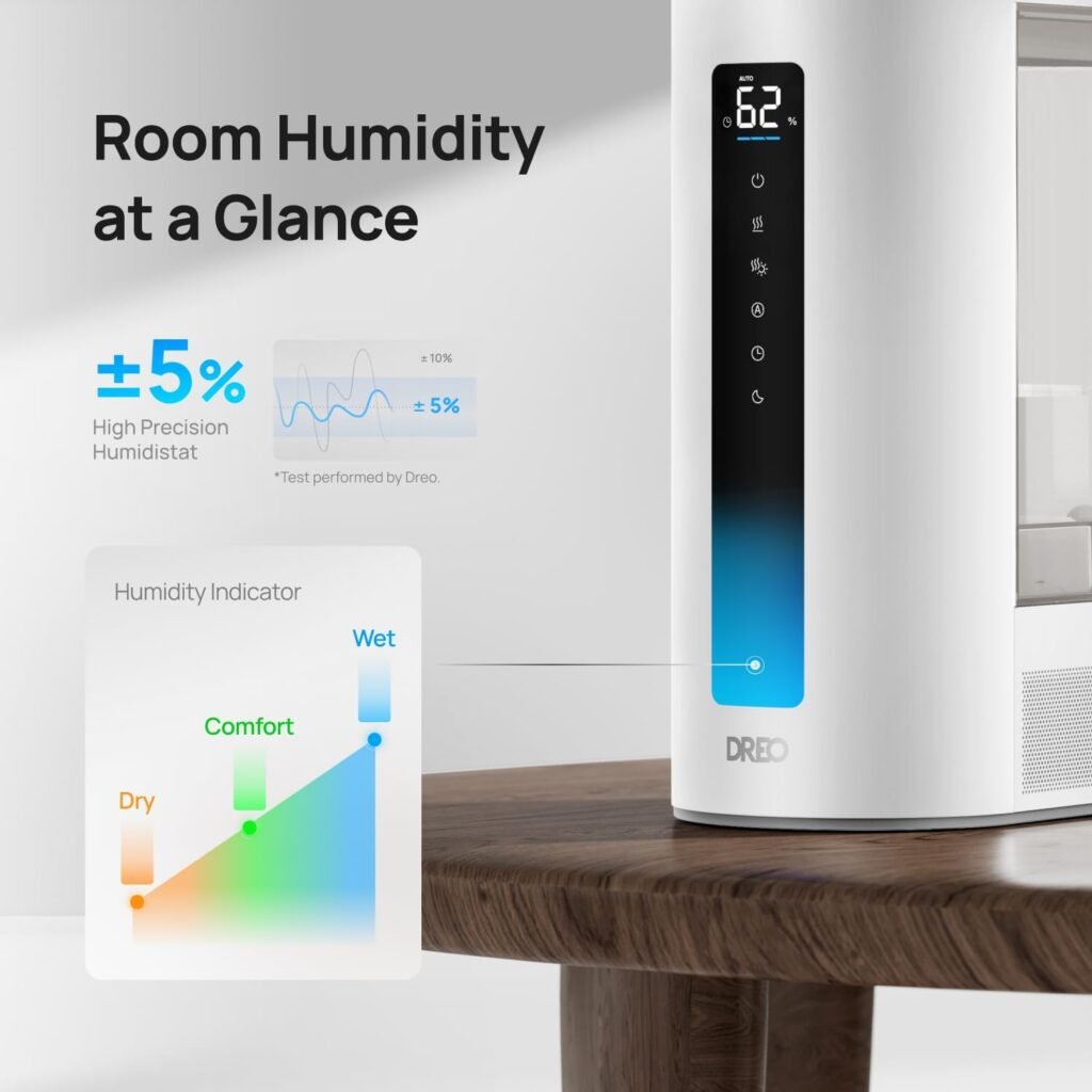 Dreo 6L Humidifiers for Bedroom and Large Room, Cool  Warm Mist Humidifier for Plants, with Precise Humidity Sensor, 60-Hour Runtime, Indicator Light, Dual Aromapad Tray, Baby-friendly, HM713