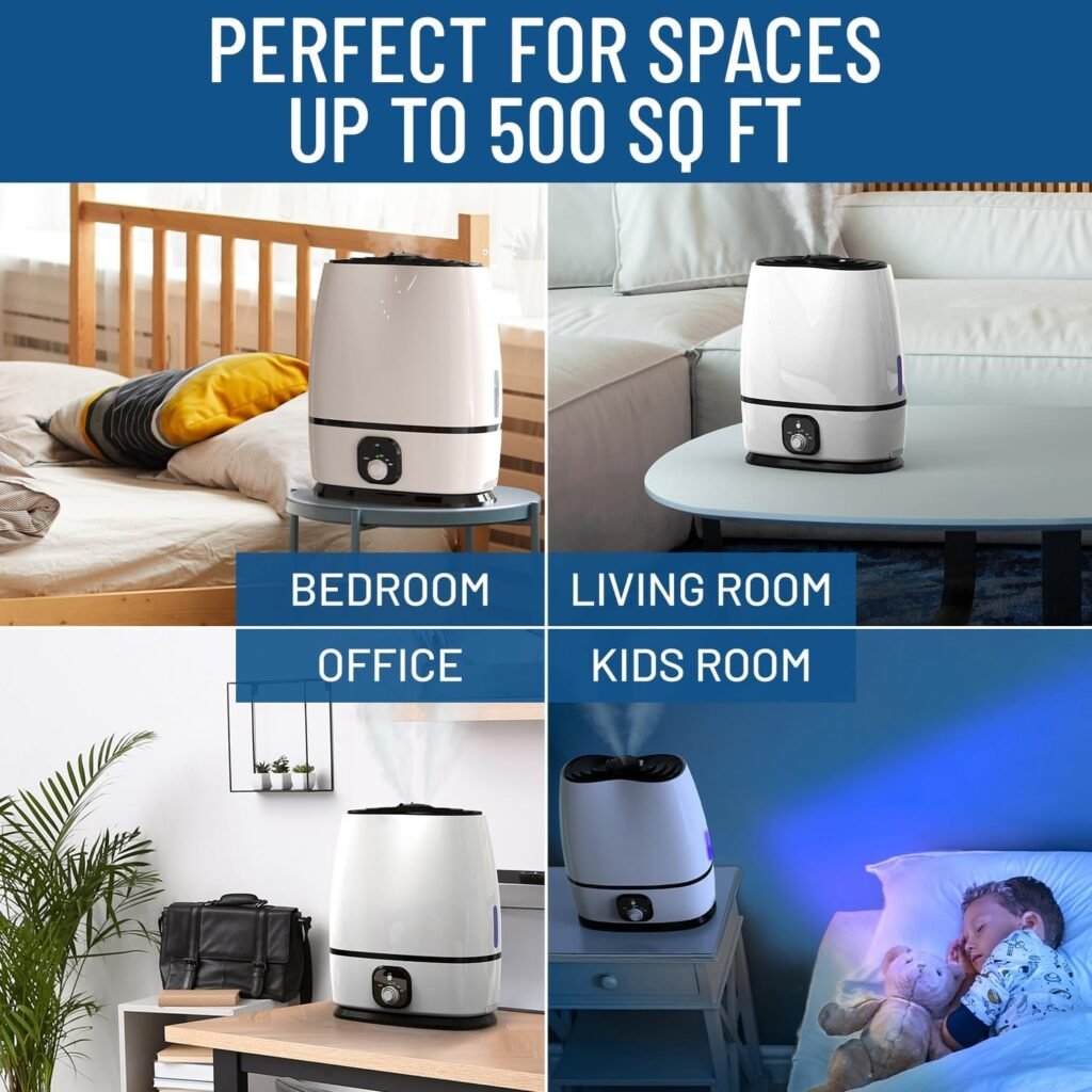 Everlasting Comforts Cool Mist Humidifiers for Bedroom: 6L Humidifier Large Room No-filter, Covers 500 Sq Ft, 50 Hr Run Time, Quiet, Air Humidifier for Allergies, Dry Skin, Congestion