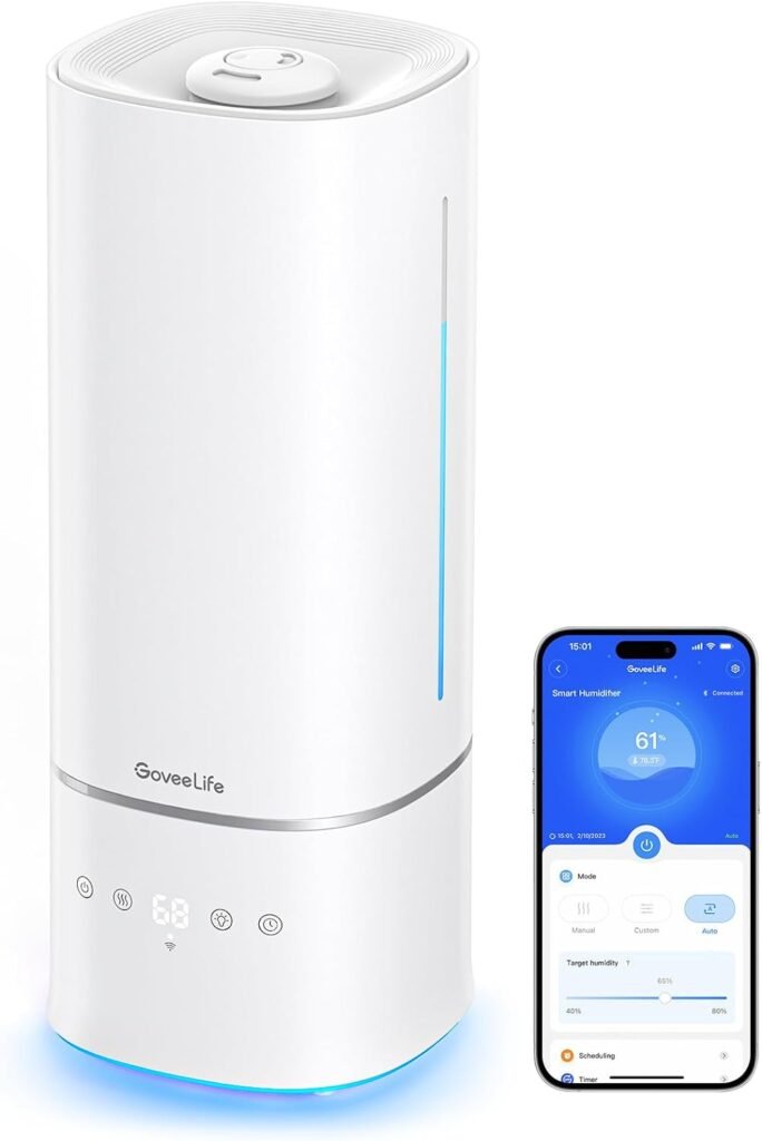 GoveeLife Smart 6L Humidifiers for Home Large Room, Top Fill Coll Mist Humidifier for Bedroom Last Up to 60H, Dual 360° Rotation Nozzles, Voice Control, WiFi Essential Oil Diffuser for Baby, Plants