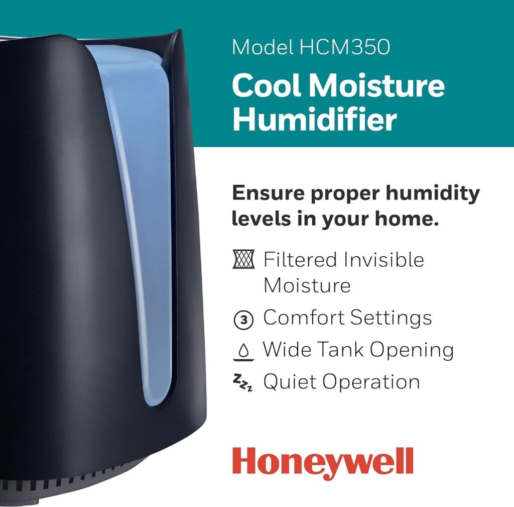 Honeywell Cool Moisture Humidifier, Medium Room, 1 Gallon Tank, White – Invisible Moisture Humidifier for Baby, Kids, Adult Bedrooms – Quiet and Easy to Clean with UV Technology for Everyday Comfort