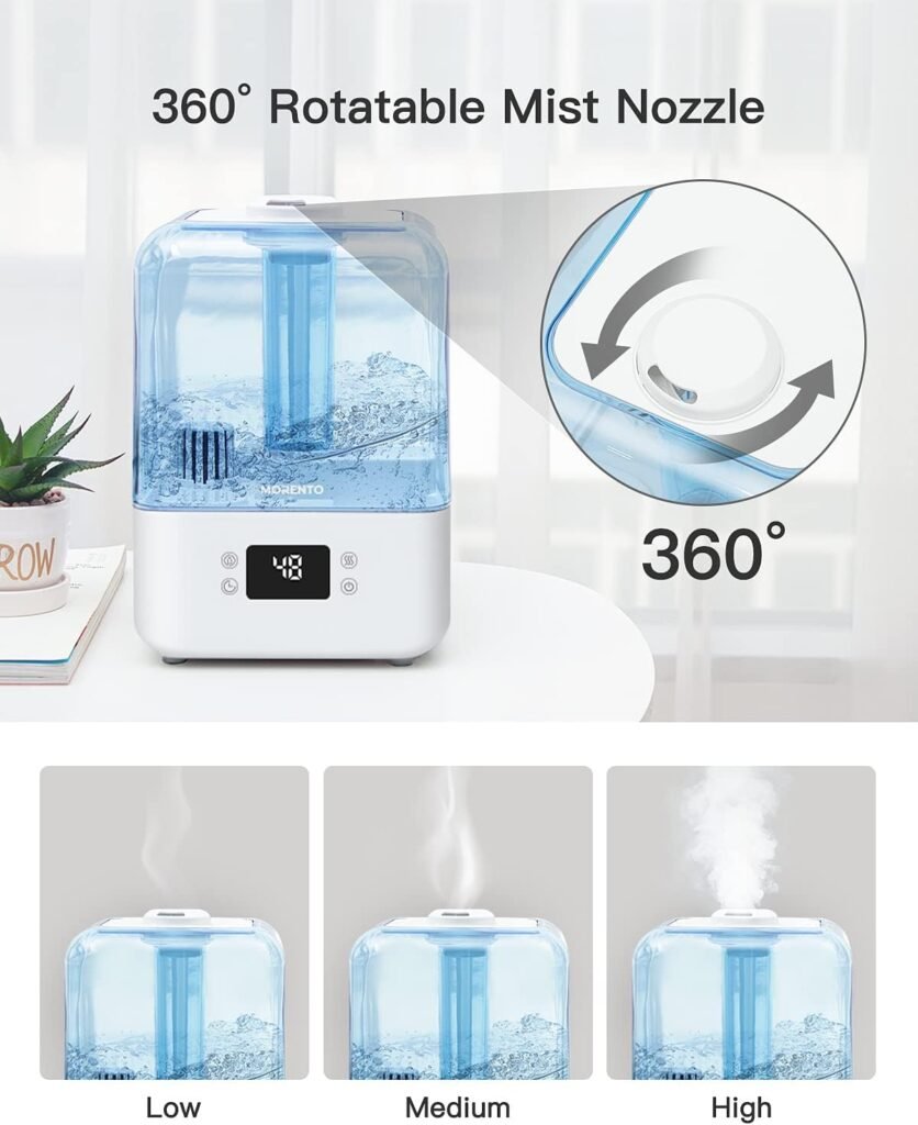 Humidifiers for Bedroom, MORENTO 4.5L Top Fill Humidifiers for Large Room, Cool Mist Humidifiers for Home, 360 Nozzle, Auto Shut-Off, Humidity Setting, Last up to 50Hrs with Night Light, White