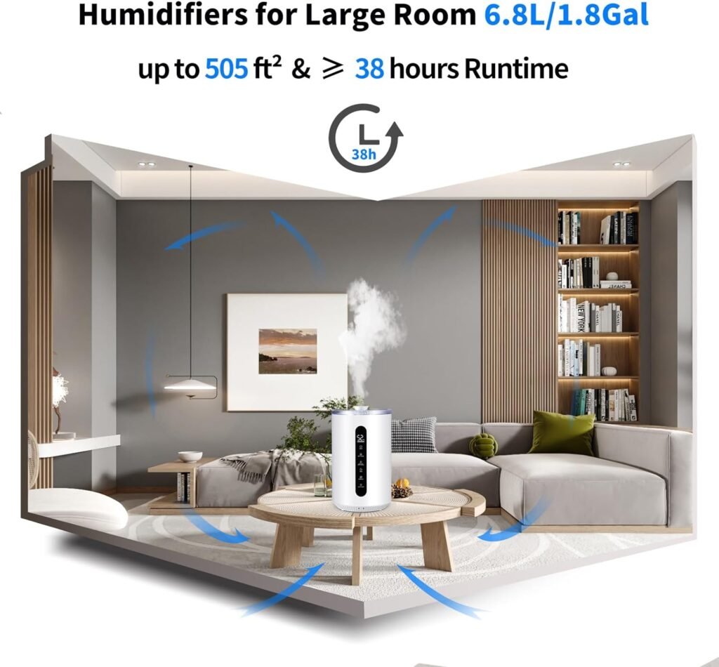 Humidifiers for Large Room 442 sqft,Hioo 6.8L 1.8Gal Ultrasonic Topfill Warm and Cool Mist Air Humidifier for Bedroom with 8H Timer 360° Nozzle Adjustable Humidistat Night Light for Nursery Home Plant