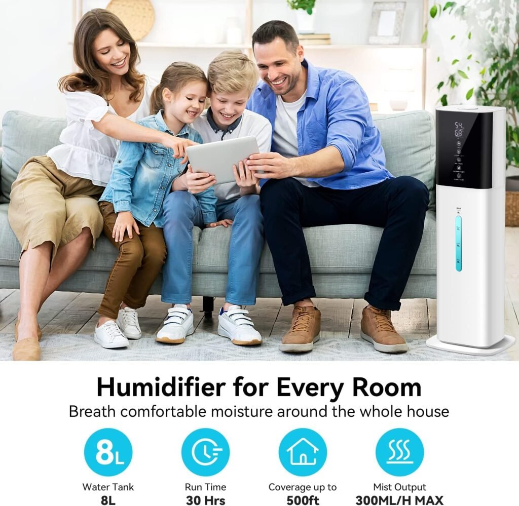 Humidifiers Large Room Bedroom with 7 Colors Light,Honovos 8L 2.1Gal Quiet Ultrasonic Cool Mist Topfill Humidifier with 360° Nozzle 3 Speed Humidistat Essential Oil Tray for Baby Home Plant Yoga Sleep