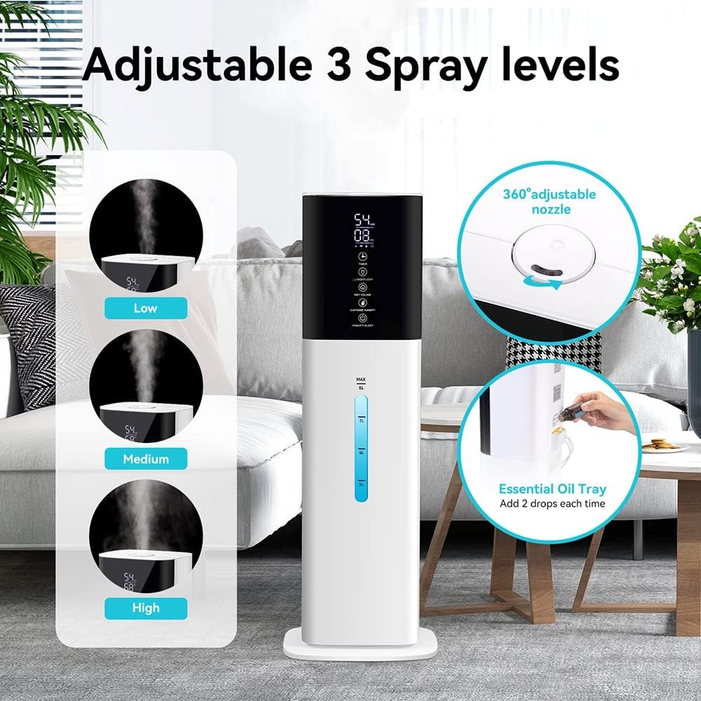 Humidifiers Large Room Bedroom with 7 Colors Light,Honovos 8L 2.1Gal Quiet Ultrasonic Cool Mist Topfill Humidifier with 360° Nozzle 3 Speed Humidistat Essential Oil Tray for Baby Home Plant Yoga Sleep