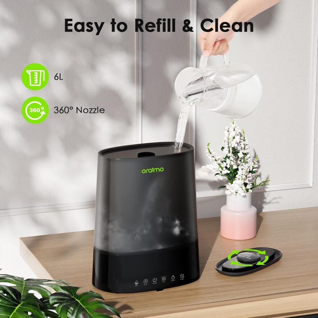 Oraimo Humidifiers for Bedroom Large Room, 6L Top Fill Cool/Warm Mist Humidifier, Max 700ml/H, Auto, Diffuser, 28 dB Quiet, Timer, Remote Control