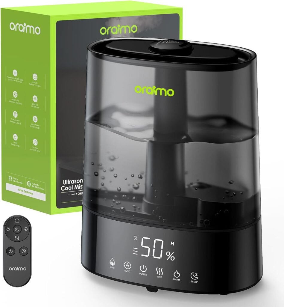 Oraimo Humidifiers for Bedroom Large Room, 6L Top Fill Cool/Warm Mist Humidifier, Max 700ml/H, Auto, Diffuser, 28 dB Quiet, Timer, Remote Control