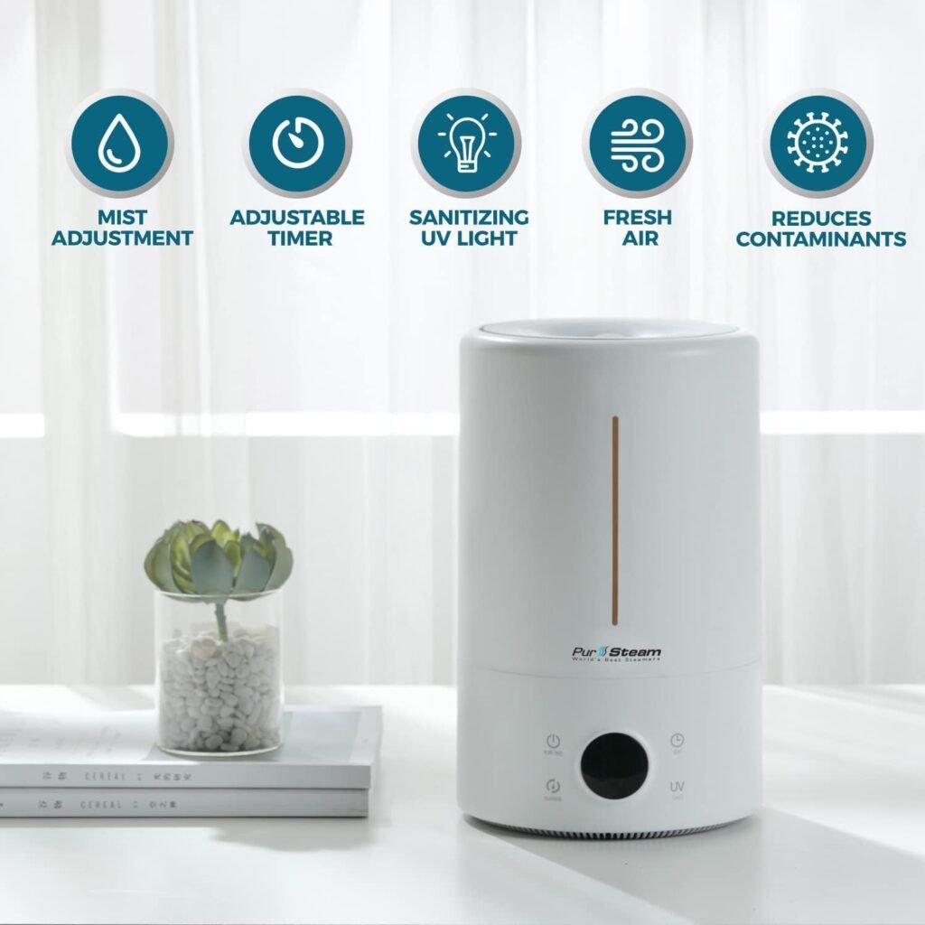 PurSteam Humidifiers for Large Room  Bedroom, 5L Cool Mist Ultrasonic Whisper-Quiet Oil Diffuser for Baby Nursery and Plants, Humidifying Unit for Whole House, Auto Shut-Off, Up to 20h of Operating