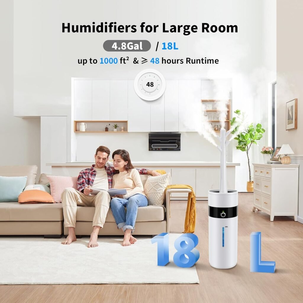 Tower Humidifiers for Large Room 1000 sq ft,Hioo 18L 4.76Gal Ultrasonic Topfill Cool Mist Air Humidifier with 360° Nozzle for Baby Plant Yoga Home Office Bedroom Greenhouse Warehouse