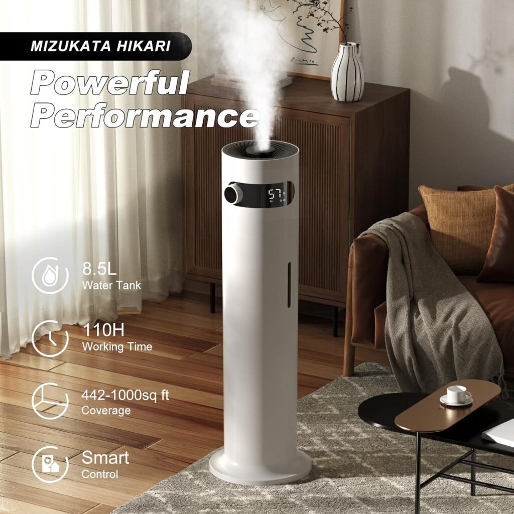 Ultrasonic Cool Mist Humidifier for Large Room Bedroom, MIZUKATA HIKARI Top Fill Humidifier(8.5L/2.25Gal) for Baby Adults, Smart  Remote Control, Quiet Humidifier for Yoga Home, Auto Shut Off