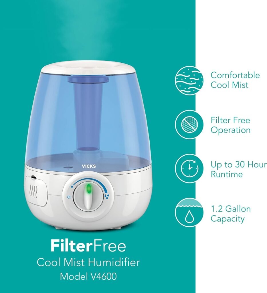 Vicks Filter-Free Ultrasonic Humidifier. #1 Brand Recommended by Pediatricians*. 1.2 Gal Ultrasonic cool mist humidifier for medium to large Bedrooms, Kids Rooms, and More. Use with Vicks VapoPads.